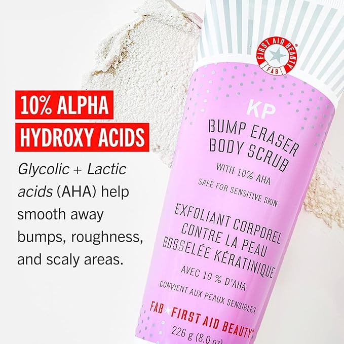 First Aid Beauty KP Bump Eraser Body Scrub Exfoliant for Keratosis Pilaris with 10% AHA – 8 oz + Bonus 1 oz Travel Size Tube