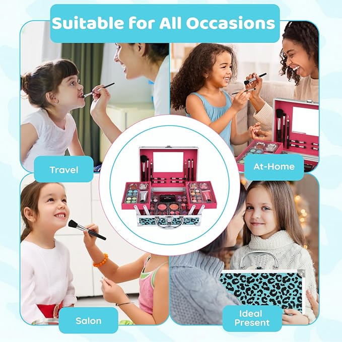 Anpro All-In-One Leopord Double Folding Makeup Carry Case with Pro Teen Makeup Set, Full Starter Kit with Makeup Brushes, Lipsticks, Eyeshadow Palette, Blushes, Glitter Gel, Ideal Present for Girls