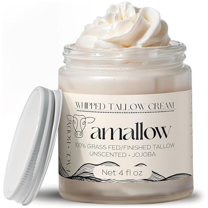 Amallow 100% Grass Fed Beef Tallow for Skin Care - Face + Body - Whipped Moisturizer for Sensitive Skin - Natural Lotion, 4 FL. oz. (Unscented + Jojoba Oil)