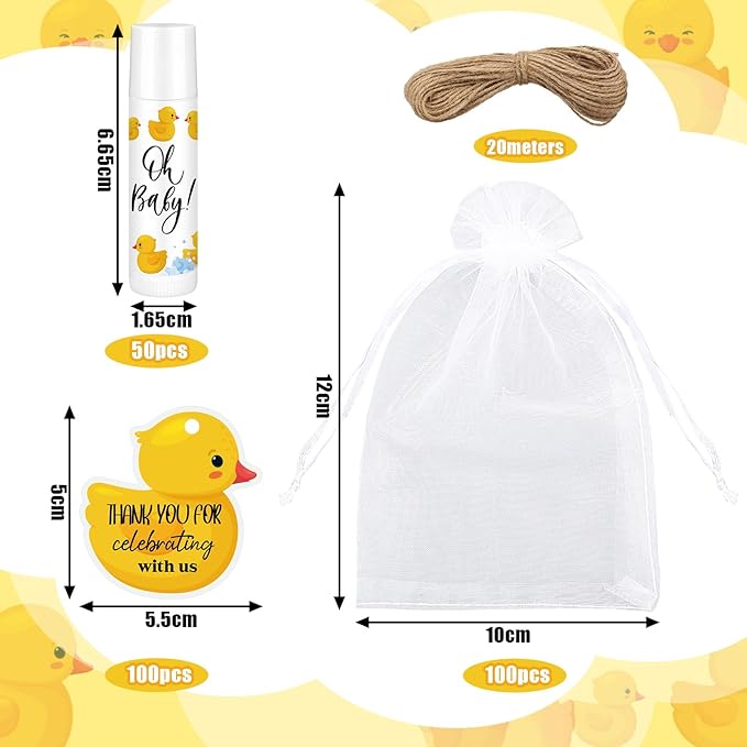 Demissle 50 Pcs Baby Shower Lip Balm Gift Set with 100 Pcs Organza Bags Baby Shower Party Favor for Guest Thank You Tag Rope Baby Shower Party Decoration Gender Reveal Souvenirs (Duck)