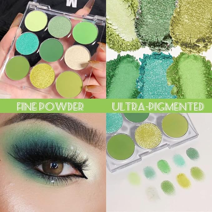 9 Colors Shimmer Matte Green Eyeshadow Palette. Highly Pigmented Light Green Eyeshadow Dark Green Eye shadow Paleta.Blendability Shiny Matte Green Makeup Powder Palet.paleta de sombras de ojos verdes