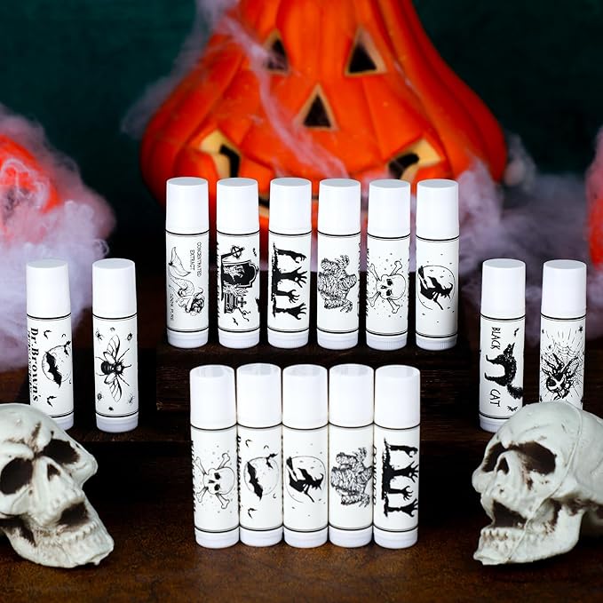 50 Pcs Halloween Spooky Lip Balm Gifts Bulk Vintage Apothecary Skull Lip Balm Favors Honey Flavor Lip Balms Halloween Party Supplies Goodies Halloween Treat Bag Stuffer for Kids Adults