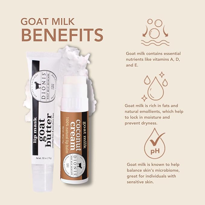 Dionis Goat Butter Overnight Lip Mask & Lip Balm Kit - Goat Milk, Jojoba & Moringa Oils Moisturize & Repair Chapped Lips Overnight while Lip Balm Keeps Moisture Locked In All Day, Creamy Coconut