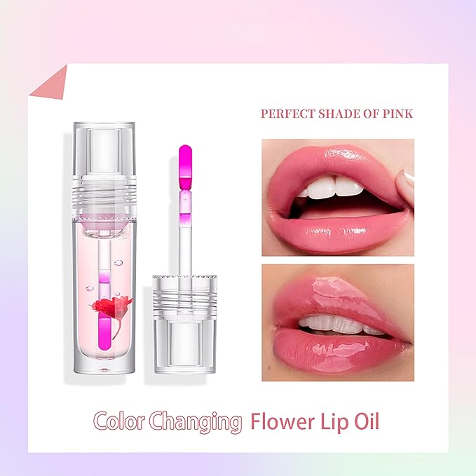 Flower Lip Oil, Hydrating Lip Glow Oil, Plumping Lip Oil, Non-Sticky Long Lasting Lip Oil Gloss, Transparent Lip Oil Tinted, Lip Plumper Gloss, Moisturize your lips and Reduce lip lines (02)