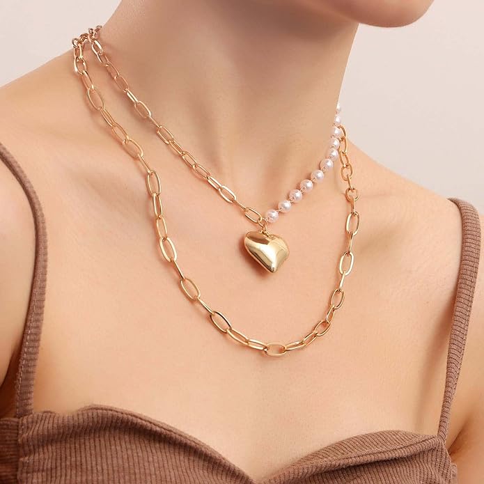 Boho Layered Pearl Choker Necklace Chain Vintage Gold Heart Pendant Cuban Chain Necklace Rock Statement Pearl Heart Necklace Asymmetrical Pearl Strand Necklace Jewelry for Women and Girls