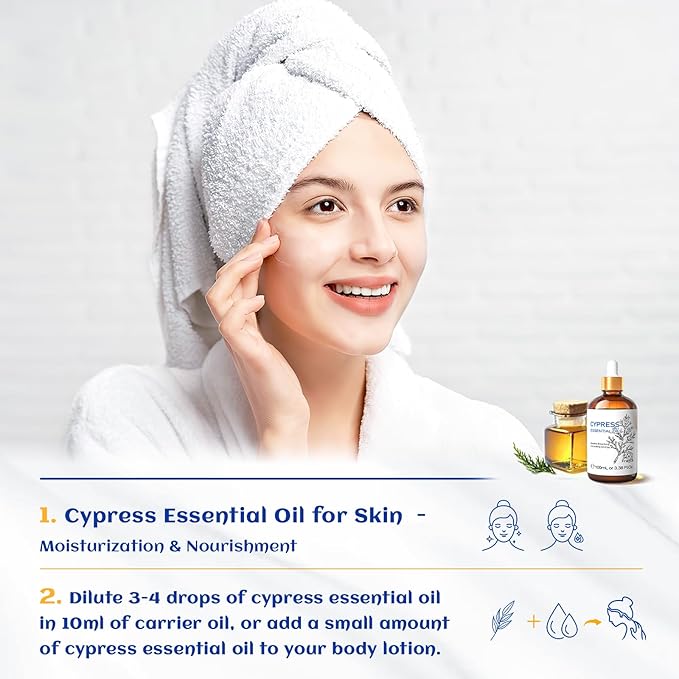 HIQILI 100ML Cypress Essential Oil, 100% Natural for Diffuser, Skin Care, Includes 10ML Travel Bottle - 3.38 Fl Oz