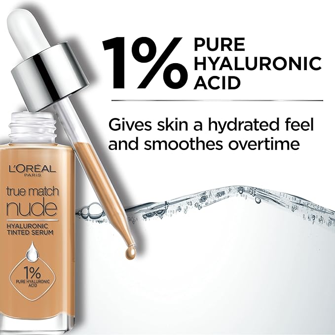 L'Oreal Paris True Match Nude Hyaluronic Tinted Serum Foundation with 1% Hyaluronic acid, Light-Medium 3-4, 1 fl. oz.