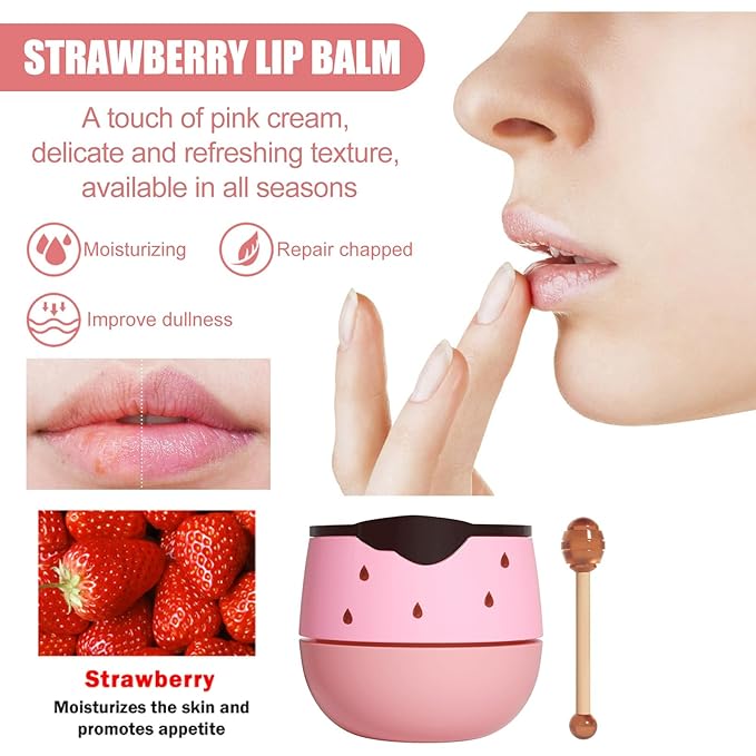 4Pcs Honey Lip Balm Honey Pot Strawberry & Propolis Balm Honey Lip Mask Hydrate Moisturizing Repair Prevent Lip Care Moisturizing Lip Balm Set