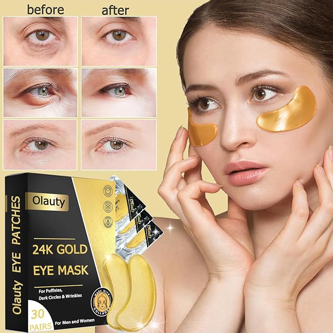 Eakroo 30 Pairs Golden Under Eye Patches, 24k Gold Under Eye Mask Eye Patches for Puffy Eyes, Eye Masks for Dark Circles and Puffiness, Reduces Wrinkle, Fine Lines and Eye Bags, Nourish Skin
