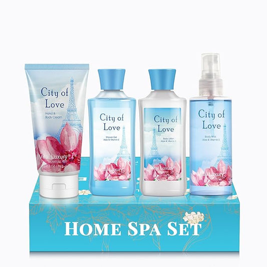 Bath & Body Kit - Body Lotion, Shower Gel, Body Cream, and Fragrance Mist, 3 Fl Oz each, in City of Love, Ideal Skincare Gift Home Spa Set for luxurious indulgence