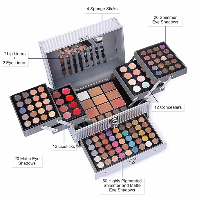 132 Color All In One Makeup Kit,Professional Makeup Case Set for Teen Girls, Multicolor Eyeshadow Palette(006N2-Silver)