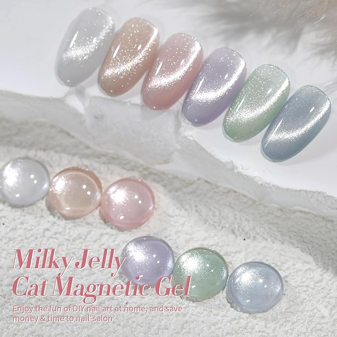 Born Pretty Cat Magnetic Eye Gel Nail Polish, Pastel Milky Jelly Cat Magnetic Gel Pastel Blue Green Purple Pink Nude Silver Nail Art Gel Manicure Salon DIY Gifts 7ML 6PCS