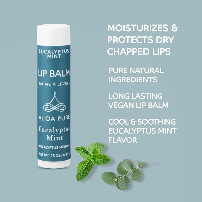 ALIDA PURE Eucalyptus Mint Lip Balm Collection, Vegan, Lip Balm, Beeswax Free, with Avocado Oil, Organic Jojoba Oil, and Vitamin E, Natural Moisturizer for Dry, Chapped Lips, 3 Tube Set