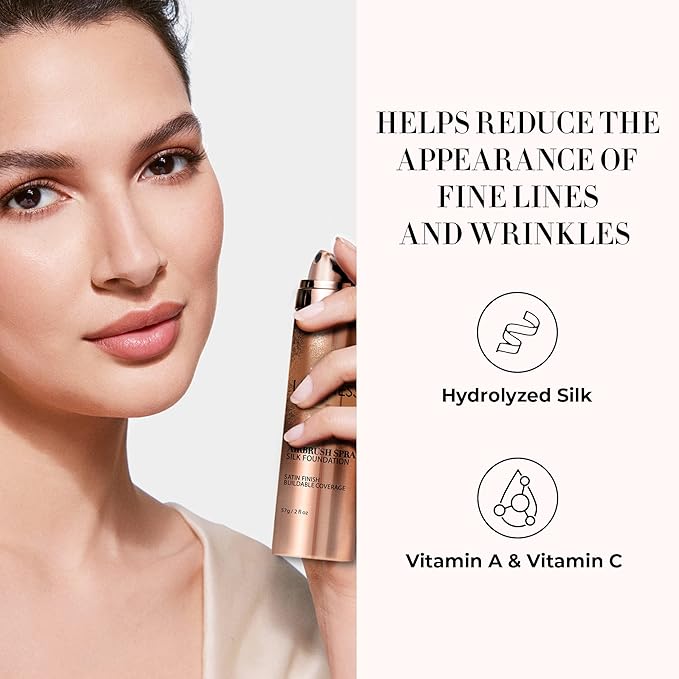 LUMINESS Silk Airbrush Spray Foundation & Buffing Brush Kit – Full Coverage Foundation & Dual-Sided Buffing Brush - Buildable Coverage, Anti-Aging Formula Hydrates & Moisturizes (Shade - Deep)