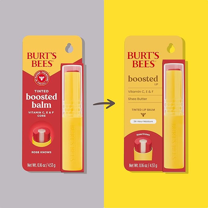 Burt’s Bees Back To School Dorm Essentials, Tinted Boosted Balm, Rose Knows, Hydrating Tinted Lip Balm with Vitamin C, E, and F Core, 24 Hour Lip Moisturizer, 100% Natural Origin, 1 Count, 0.16oz