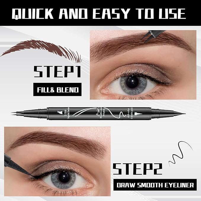 Curved 2 Tip Eyebrow Pen-Light Brown Eyebrow Pencil With Black Eyeliner 2-in-1 Dual-Ended Create Natural Hair-Like Brows,Waterproof,Smudge Proof,Long Lasting All-Day