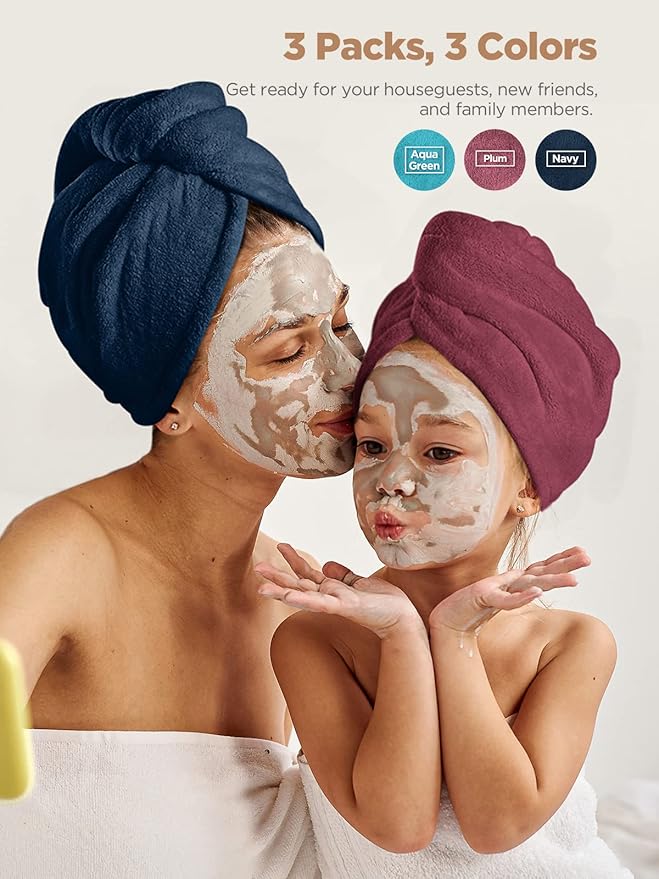 Hicober Microfiber Hair Towel, Hair Towel Wrap Turbans for Women,Hair Drying Towel Wrap Hair Accessories for Women Girls-Plum,Navy,Aqua Green,3Packs