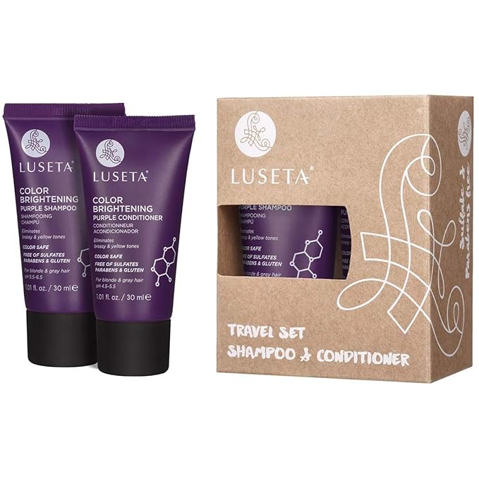 Luseta Color Brightening Purple Shampoo and Conditioner Travel Kit for Blonde and Gray Hair -Infused with Cocos Nucifera Oil to Help Nourish, Moisturize and Condition Hair, 2x1.01oz