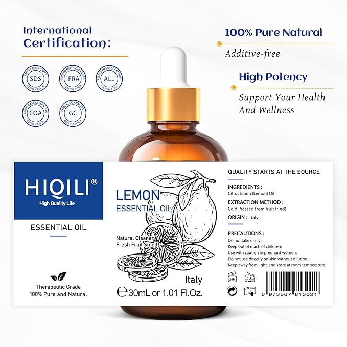 HIQILI Lemon Essential Oil, 100% Pure Undiluted for Cleaning, Skin, Diffuser - 1 Fl Oz/30ML