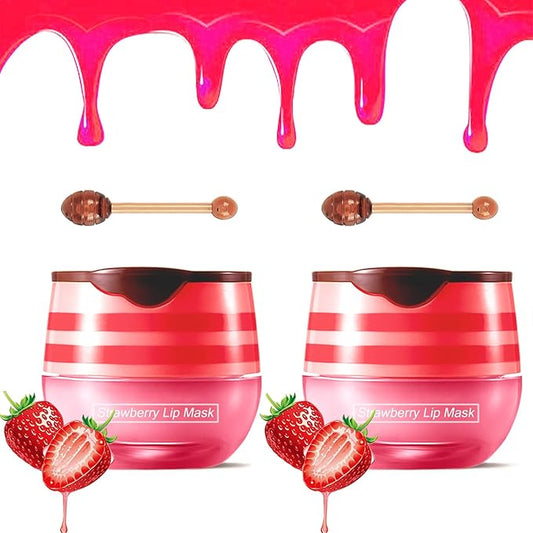 2PCS Strawberry Pot Lip Balm with Brush,Lip Exfoliating Balm Sleeping Lip Mask,Hydrating Prevention Dry and Cracked Lip Scrubs Exfoliato Lip Sleeping Mask Reduces Lip Lines Lip Care Products
