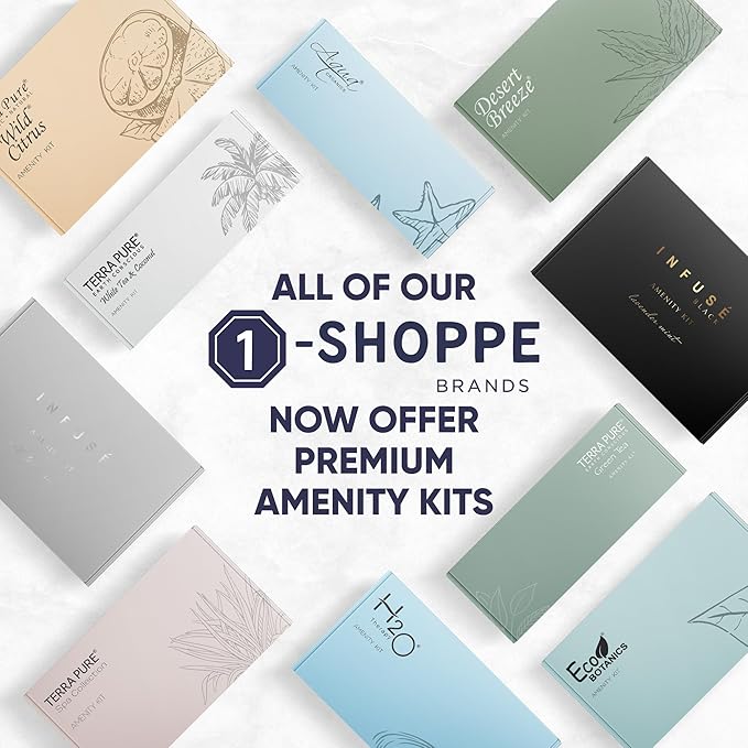 1-Shoppe All-In-Kit|Aqua Organics Amenity Kit|Boxed Hotel Toiletries|Bulk Set 1oz Travel Size Shampoo,Conditioner,Lotion,Body Wash & Bar Soap for Guest Hospitality AirBnB/Vacation Rentals|5 Pieces