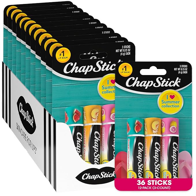 ChapStick Lip Moisturizer I Love Summer Collection 3-Packs (12 Sets/36 Tubes) – Bulk Lip Balm, Refreshing & Sweet, 0.15 Oz Ea