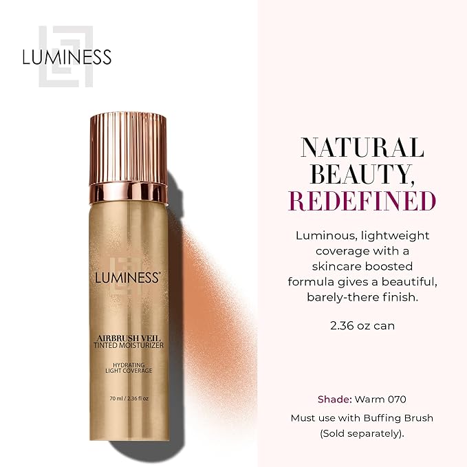 LUMINESS Airbrush Veil Tinted Moisturizer, Warm 070 - Lightweight, Hydrating, & Skin-Plumping Face Moisturizer Spray - Facial Skin Tint with Hyaluronic Acid, Ceramides, Glycerin, & Hydrolyzed Silk