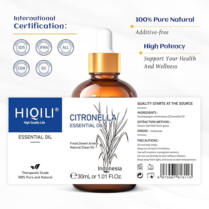 HIQILI 1 Fl Oz Citronella Essential Oil, 100% Pure Undiluted for Aromatherapy Diffuser for Home - 30ML