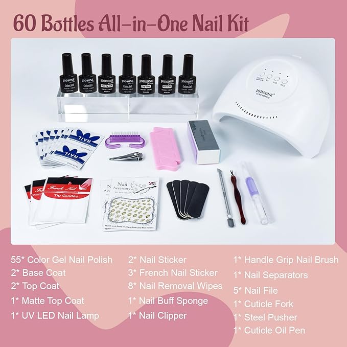 JODSONE Gel Nail Polish Kit 60 PCS with U V Light Soak off Base Top Coat 55 Shine Colors Gel Nail Kit Bright and Dark Brown Wine Red Series Manicure Set for Women and Girls