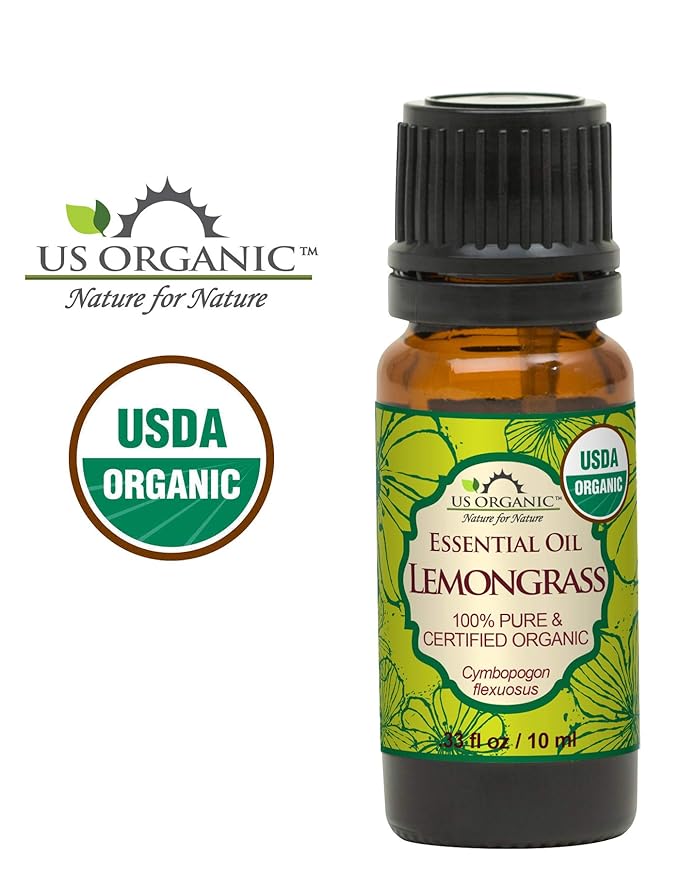 US Organic 100% Pure Lemongrass Essential Oil, USDA Certified Organic, Extracted by Steam Distillation Method, for Hair, Nail Polish Remover, Bees Attraction, and More. 10 ml