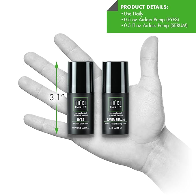 Tiege Hanley Morning and Night Facial Firming Serum (SUPER SERUM) and Eye Cream (EYES) for Men | Anti-Aging Pack | Sodium Hyaluronate and Retinyl Palmitate for Tighter, Smoother Skin | Caffeine to Fight Dark Circles | 0.5 ounces each