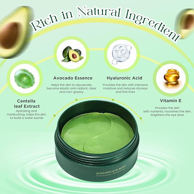 60 Pack Avocado Extract Eye Masks,Hyaluronic Acid Augenpads,Moisturising Eye Mask,Remove Dark Circles,Tear Bags,Wrinkles,Puffiness,Suitable for All Skin Types