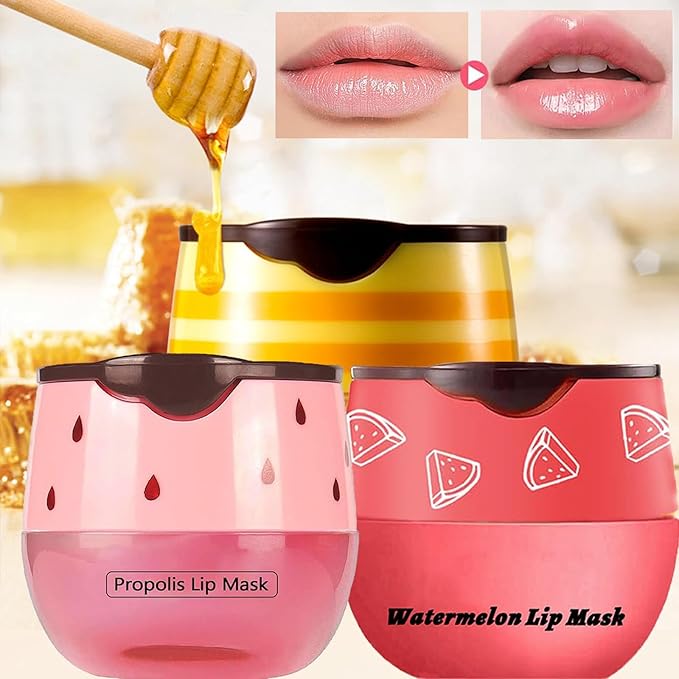 Bee Lip Balm Honey Pot,Honey Strawberry Apple Lip Mask,Lip Balm Moisturizing Lip Sleep Mask with Stick Hydrating & Prevention Dry and Cracked (Watermelon)