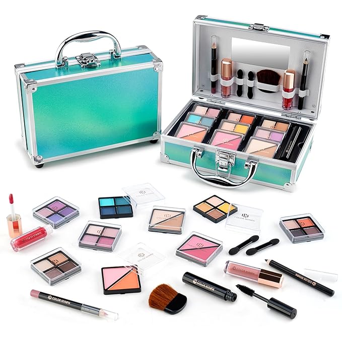 Color Nymph Beginner Makeup Kits For Teens With Train Case Included Full Makeup Kit Eyeshadow Palette Blushes Bronzer Highlighter Lipstick Brushes Mirror (Green)