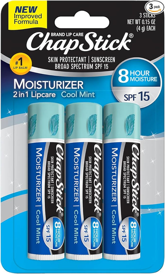 ChapStick Moisturizer 2-in-1 Lipcare SPF 15, Cool Mint, 3-Pack – Sunscreen Lip Balm with Aloe Vera and Vitamin E, 0.15 Ea
