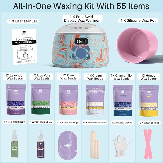 BLITZWAX Brazilian and Bikini Waxing Kit for Women, Hard Wax Warmer for Face, Legs and Body, At Home Hair Removal Kit, Beginner Friendly, Effective on Coarse Hair, Pool Swirl Design