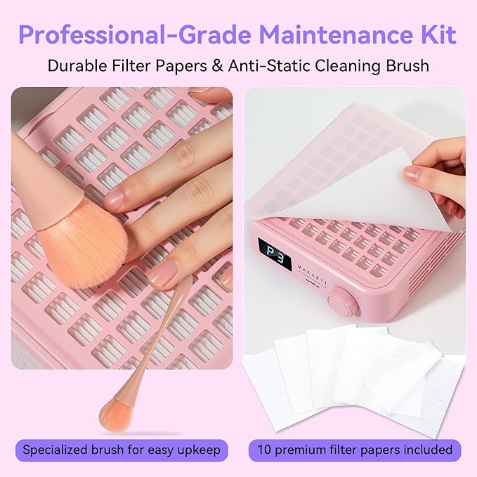 Makartt Professional Nail Dust Collector – Powerful Dust Collector Nail Tech Quite Suction Machine for Acrylic Nails Manicure & Pedicure Salon & Home Use Includes 10pcs Filters & Dust Brush Pink