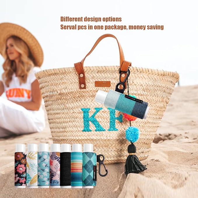 Lip Balm Holder Sleeves Keychain Chapstick Elastic Sleeves (Dinausaur/Sheep/Wave strip)