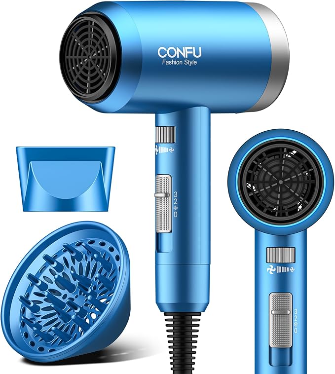 Hair Dryer, CONFU Hair Dryer with Diffuser, 21000PRM Professional Hairdryer, Portable Lightweight Fast Drying Negative Ionic Blow Dryer, Hair Diffuser for Curly Hair for Home Travel