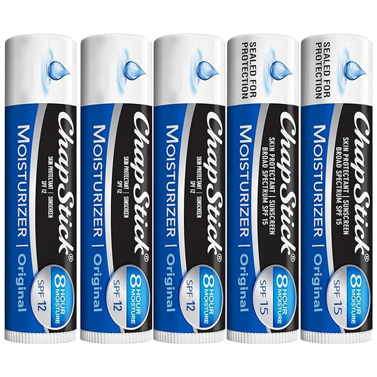 ChapStick Moisturizer 2-in-1 Lipcare 5-Pack (3 SPF 12, 2 SPF 15) – Original Lip Balm with Broad Spectrum SPF, Aloe & Vitamin E, 0.15 Oz Ea