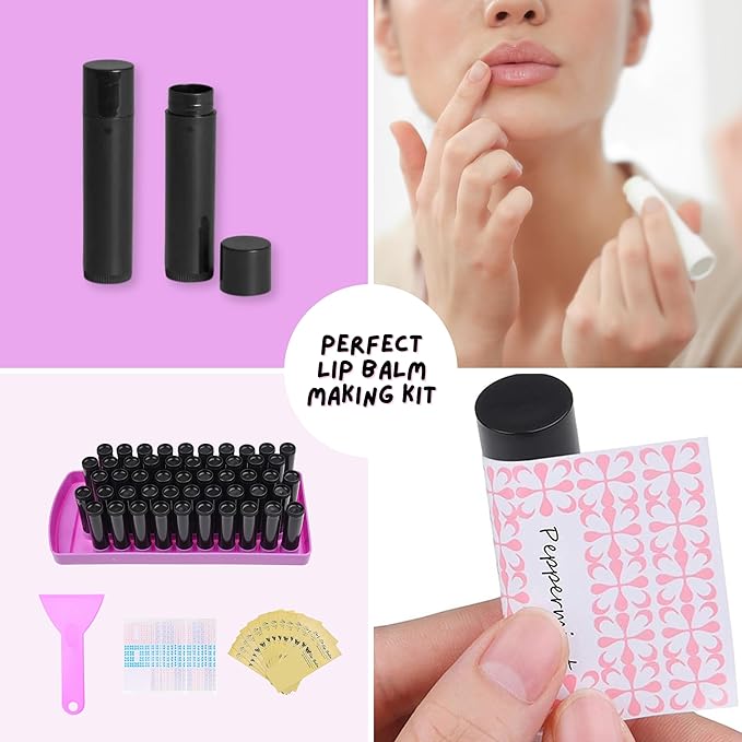 Lip Balm Filling Tray Kit - 1x Filling Tray, 1x Spatula, 50x Lip Balm Tubes (Black), 50x Writable Sticker (3 colors), 50x Printed Stickers (Transparent) - DIY Homemade Lip Balm - Gift Idea