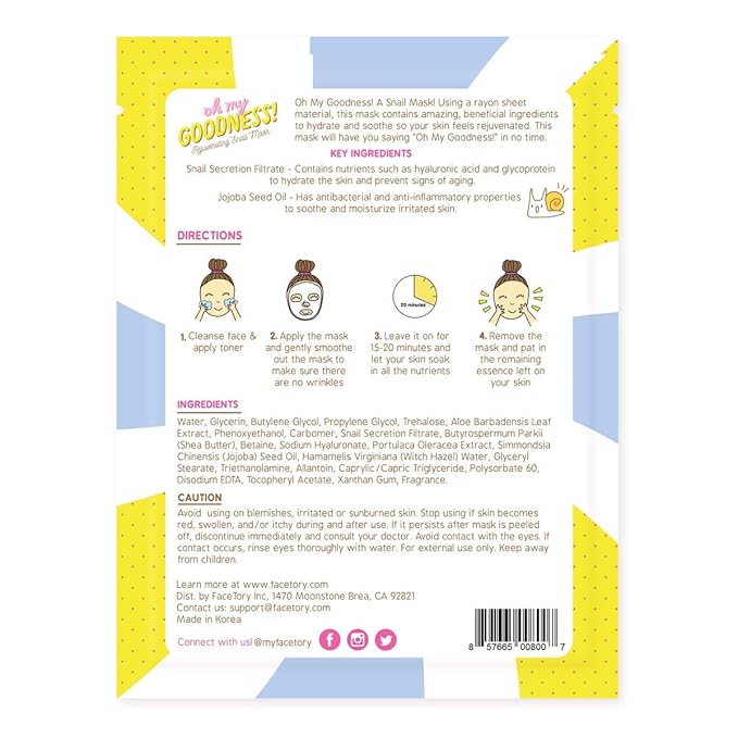 FACETORY K Beauty Face Mask Skin Care - OH MY GOODNESS REJUVENATING SNAIL Sheet Mask with Snail Essence & Hyaluronic Acid | Seal in Moisture (5 Pack)