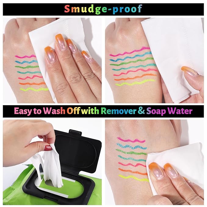 BOBISUKA UV Shimmer Glow Liquid Eyeliner Set, 7 Colors Glitter Neon Colored Eyeliners Pen, Colorful Waterproof Pigmented Graphic Liners, Metallic Eye Makeup Kit for Rave Accessories Party