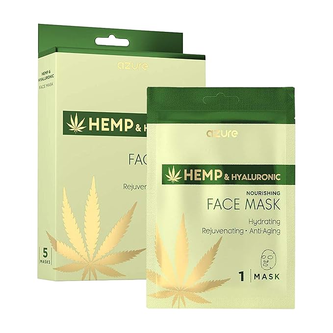 Azure Cosmetics Hemp Oil & Hyaluronic Acid Nourishing Facial Sheet - Anti Aging, Rejuvenating & Deeply Hydrating Mask - Reduces Fine Lines & Wrinkles, Locks in Moisture - Korean Skin Care - Pack of 5