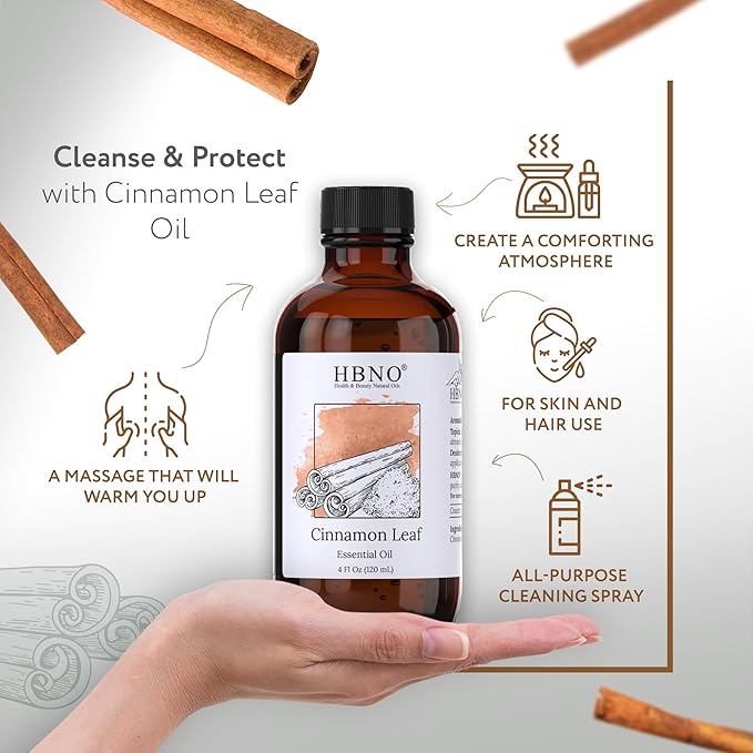 HBNO California Bottled Cinnamon Essential Oil (Leaf) 4 fl oz (120ml) - Natural Cinnamon Essential Oil for Diffuser - Perfect for Cleaning, Aromatherapy, DIY, Soap & Diffuser -