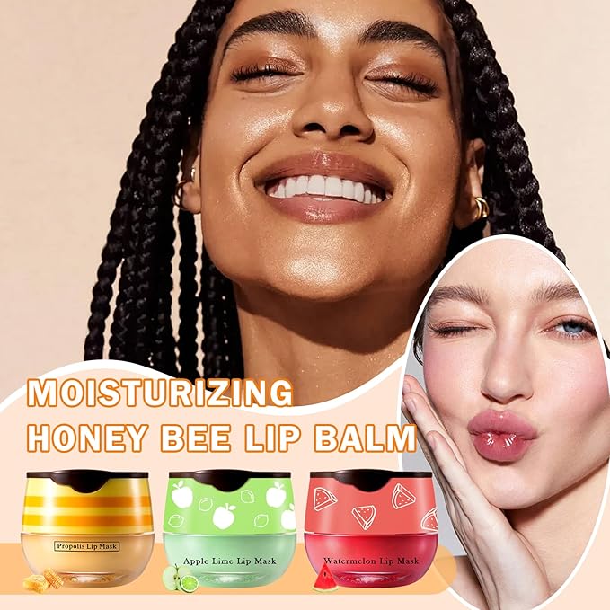 3PCS Bee Lip Balm Honey Pot Honey Watermelon Green Apple Lip Balm Lip Sleeping Mask Moisturizing Hydrating Bee Lip Balm Lip Care Products for All Skin Types (Honey Watermelon Green Apple)
