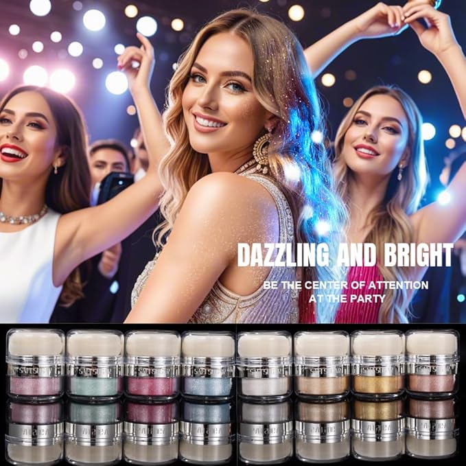 Glitter Body Highlighter Powder Body Shimmer Sparkle Face Brightening Highlighter Powder for Face Eyes Body Glow Makeup With sponge head（04#）