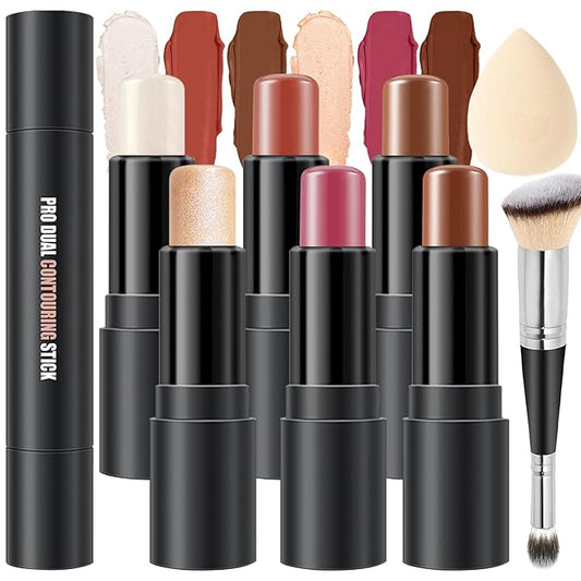 6 Colors Cream Contour Stick Makeup Kit, Shades with Highlighter, Blush and Double-End Bronzer Contour Stick for Sculpt the Cheeks, Long Lasting, Waterproof, Matte & Dewy Finish(SET C)