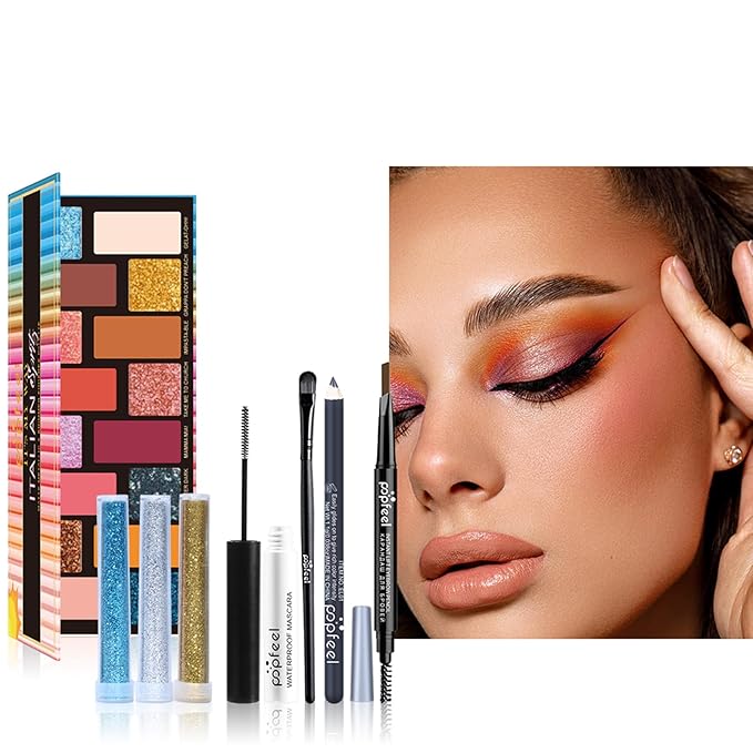 All-in-one Holiday Makeup Gift Set | Full Makeup Kit for Women Multipurpose Essential Bundle Include Eyeshadow Palette Lipstick Blush Concealer Face Powder Eyeliner Mascara Lipgloss Brush