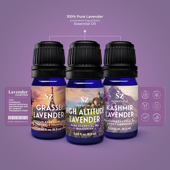 Lavender Essential Oils Collection - Grasse Lavender + High Altitude + Kashmir - Set of 3 Bottles (0.22 Fl Oz - 6.5ml Each)- 100% Pure, Natural & Undiluted - Therapeutic Grade & Vegan